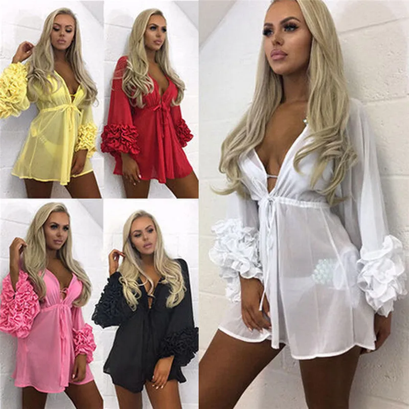 Boho Women Summer Cover Up Beach Shirts Ruffles Loose Sleeve Deep V Neck Tops Blouse Fashion Solid Lady Swimwear | Женская одежда