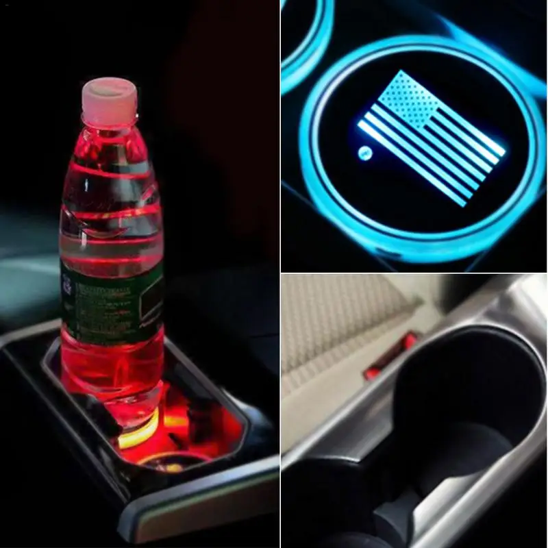 2PCS Car LED Light Coaster Anti-slip Cup Mat Flag Pattern Colorful Pad Smart Atmosphere Non-Slip | Автомобили и мотоциклы