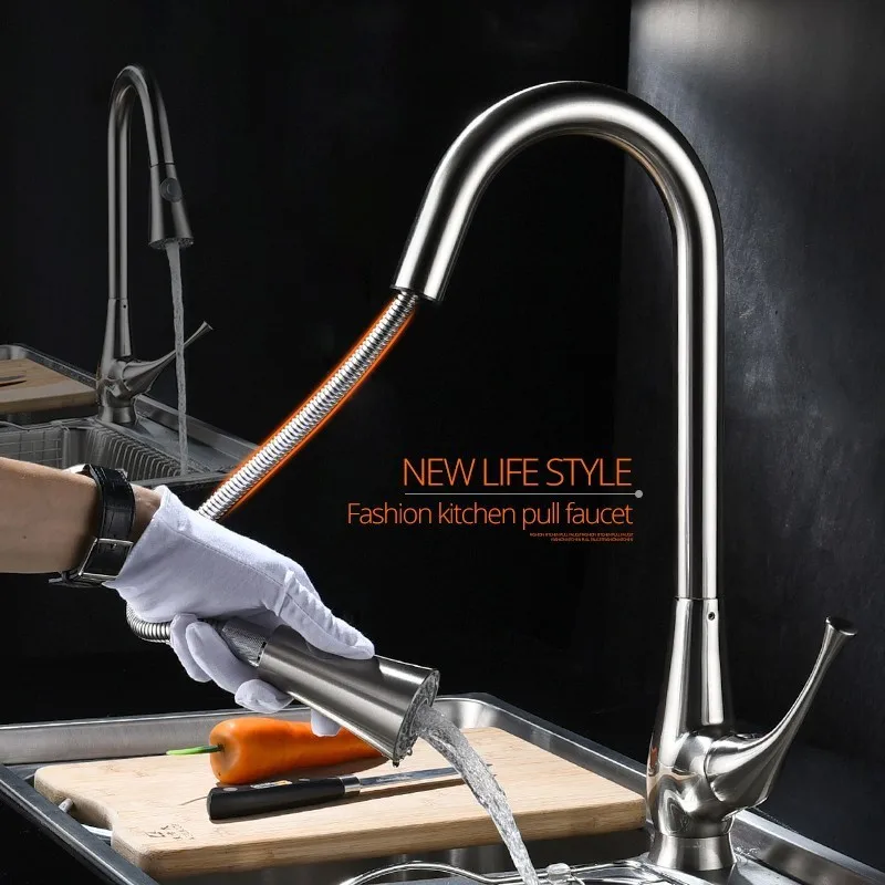 

Кухонный Смеситель серебристый с одной ручкой, выдвижной кухонный кран с одним отверстием, поворотный на 360 градусов смеситель для воды, сме...