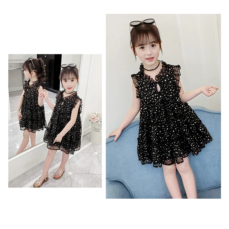 black dress age for 3 - 12 yrs little girls shine star pattern christmas princess costume summer white sleeveless ruffle frocks | Детская