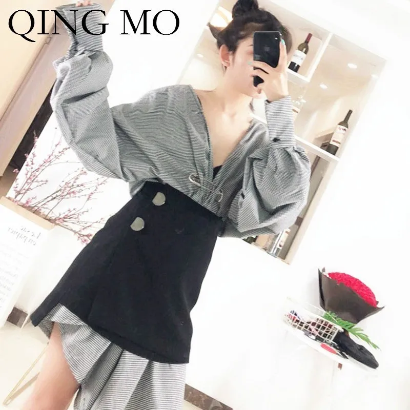 QING MO Женская Весенняя необычная одежда Модный комплект длинная клетчатая