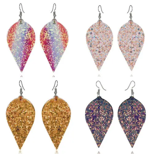 Женские кожаные висячие серьги сверкающие в форме листочка свадебные