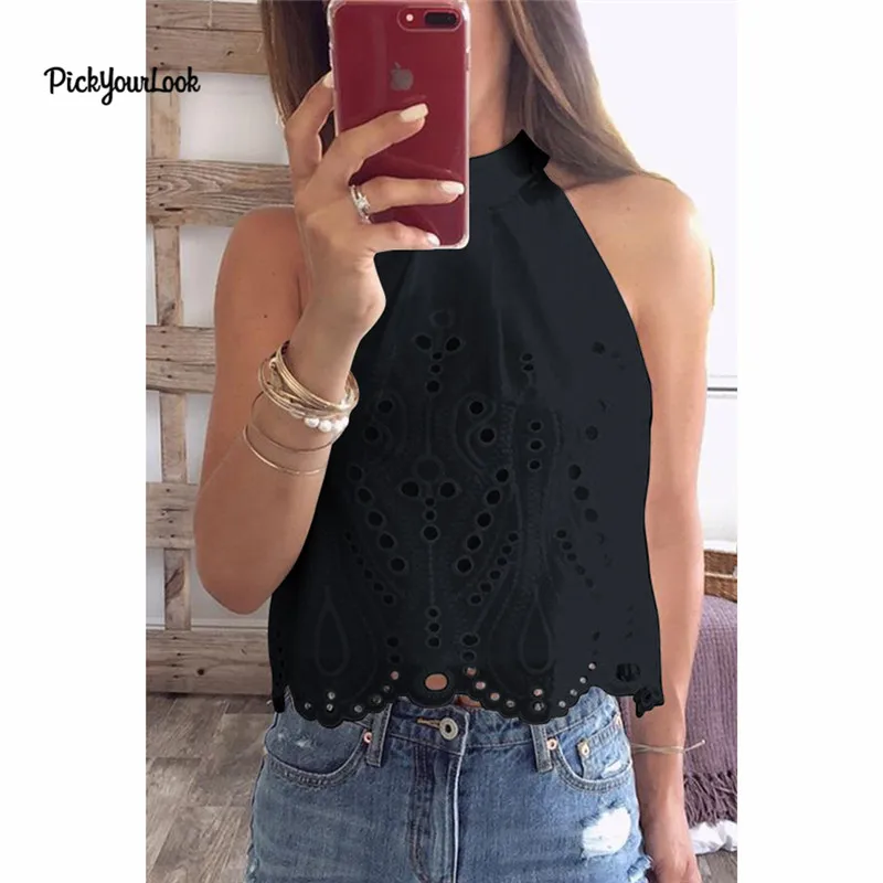 PickYourLook женский кружевной Топик с вырезами топ без рукавов Повседневная модная
