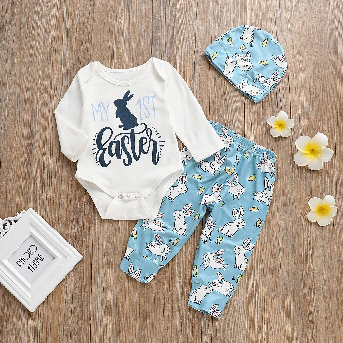 Spring Easter 3Pcs Outfits Newborn Boy Girl Infant Long Sleeves Bodysuit+Pants Hat Bunny Rabbit Clothes Set 0-18M | Детская одежда и