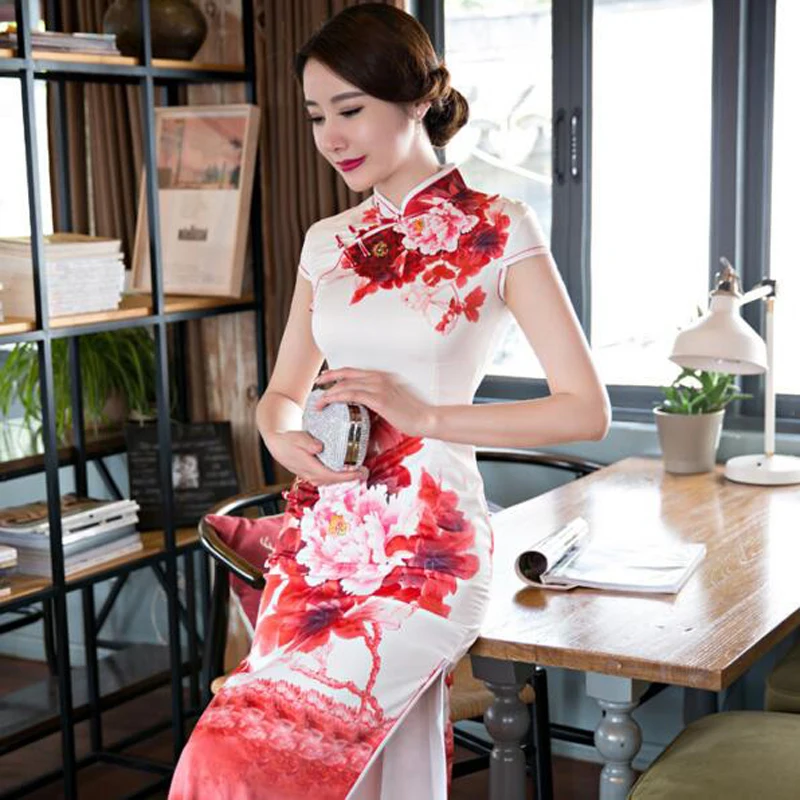 Китайский Для женщин атлас Cheongsam длинное платье с цветочным рисунком бархат шелк