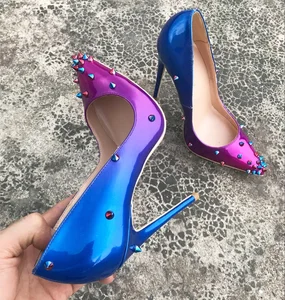 Blue Purple Gradient Color Metal Rivets Studs Pumps Ladies  Party Stilettos Slip On Pointed Toe Shiny High Heels for Ladies