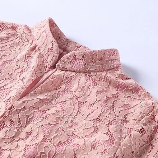 

L - 5XL Plus Size Dress Women Vintage Stand Collar Elegant Lace Dress Pink Hollow 3/4 Flare Sleeve Fit & Flare Midi Dress Party