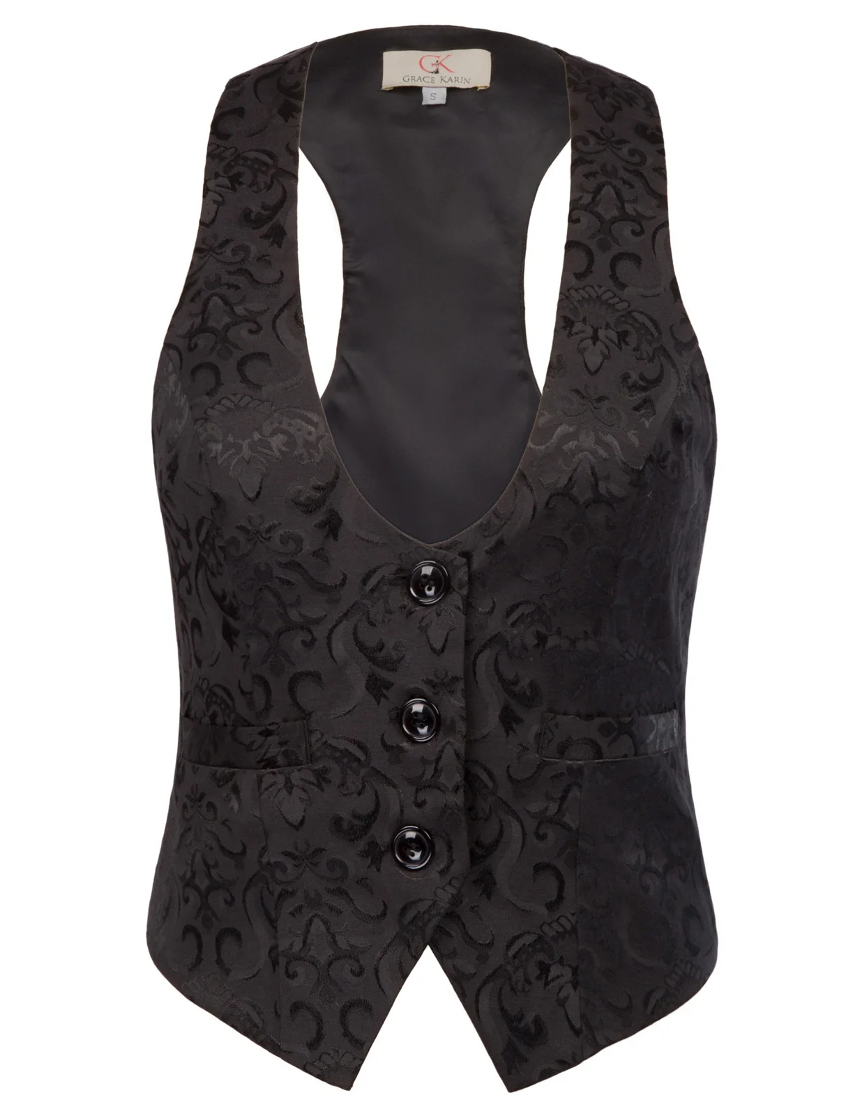 

GK Black Women Fitting Vest Jacket Adjustable Strap Jacquard Vest Coat buttons Decor Vintage Tops Waistcoat Female