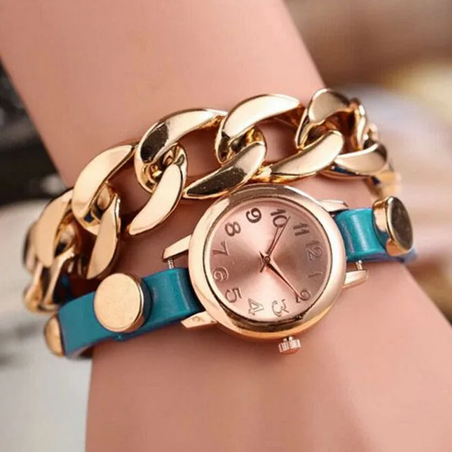 Punk Women Gold Dial Leather Chain Wrap Analog Quartz Wrist Watch Bracelet | Наручные часы