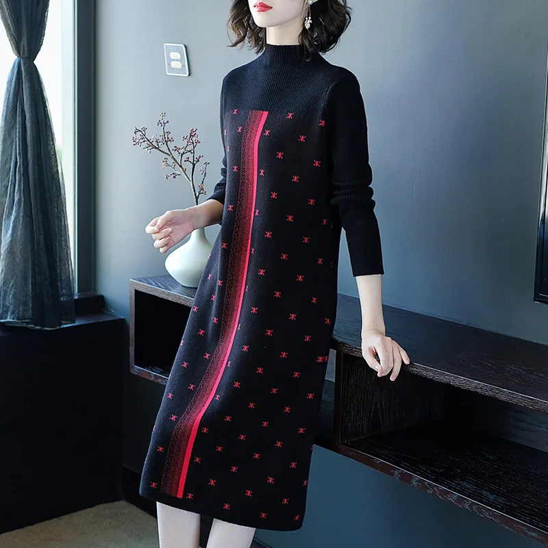 

2019 Autumn And Winter New Pattern Europe Station Will Code Overknee Thickening Rendering Sweater Long Fund Knitting Dress