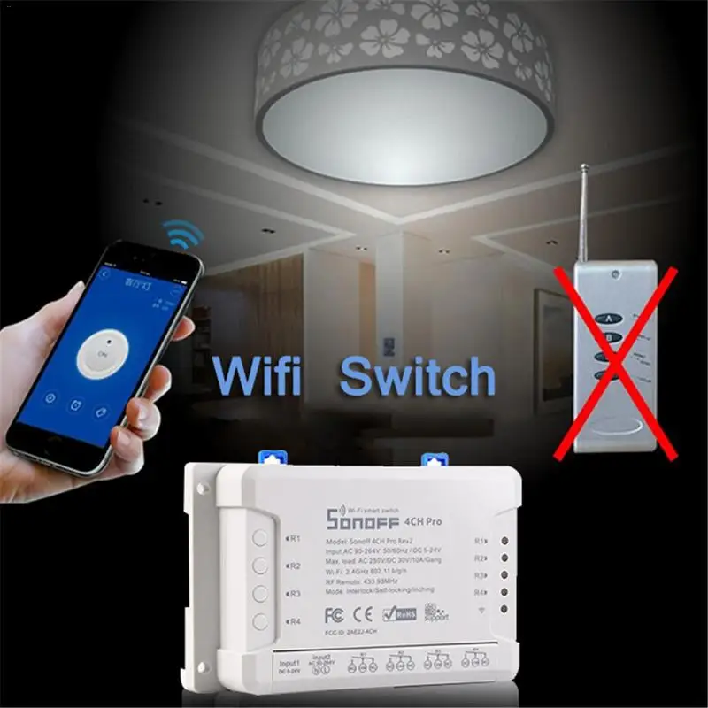 

Sonoff 4CH Pro R2 Smart Wifi Switch Home 433MHz RF Wifi Light Switch 4 Gang 3 Working Modes Inching Interlock With Alexa
