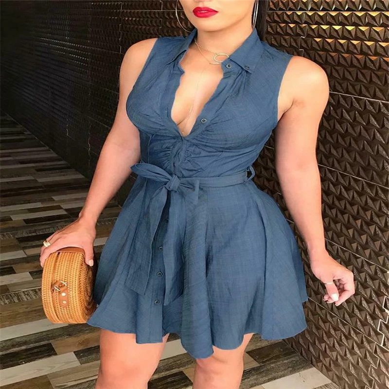Мини-платье женское джинсовое с поясом праздвечерние чное Короткое синее