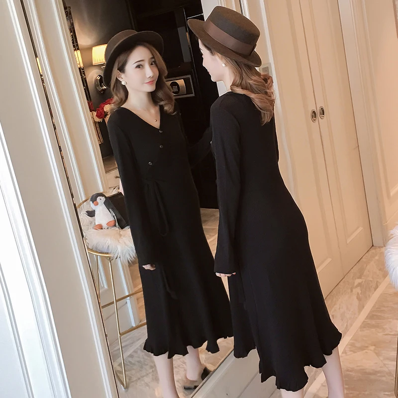 Весна Осень 2020 женское трикотажное платье с длинным рукавом и v образным вырезом