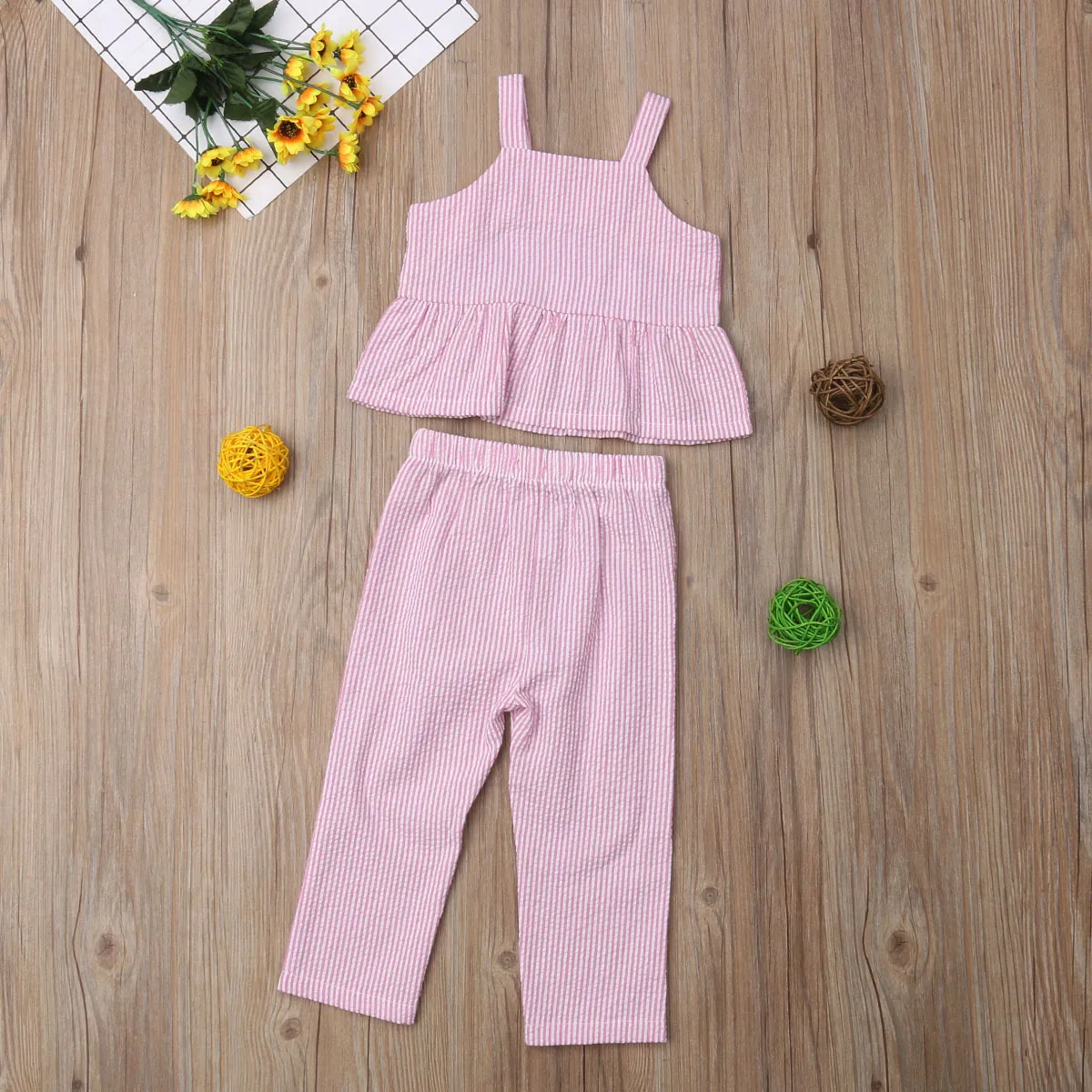 Emmababy 2019 Toddler Kids Baby Girl Outfit Clothes Pink Striped Vest Tops T-shirt+Long Pants 2PCS Set 1-6T | Детская одежда и