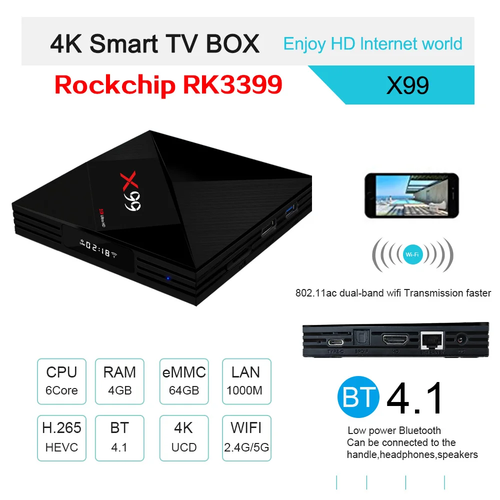 ТВ-приставка X99 RK3399 для Smart TV 4 ГБ 64 Android 7 1 1000M LAN двойной Wi-Fi BT4.1 4K USB3.0 Type-c медиаплеер
