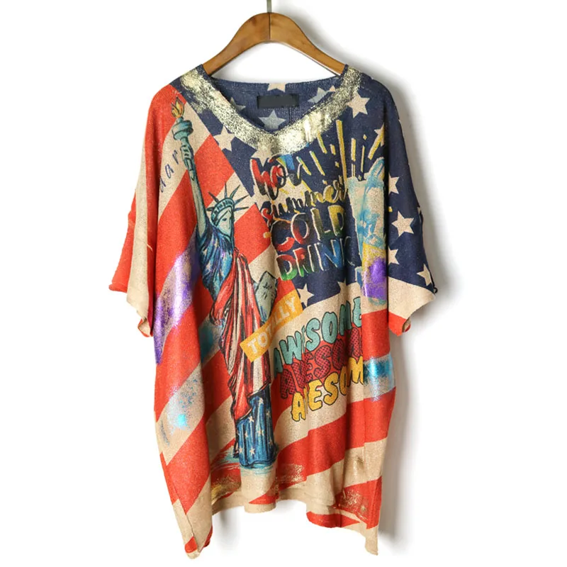 Europe Fashion summer T-shirt women Oversized pullover tops V-neck Knitted Vintage Casual Outerwear Personality Ladies Tops | Женская