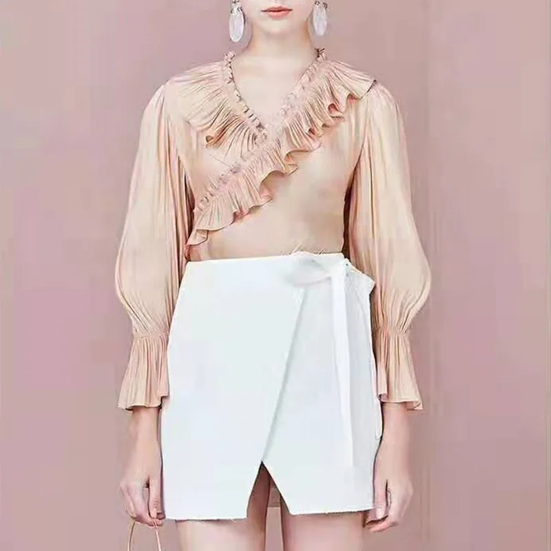 TWOTWINSTYLE розовые расклешенные женские шифоновые рубашки с длинными рукавами