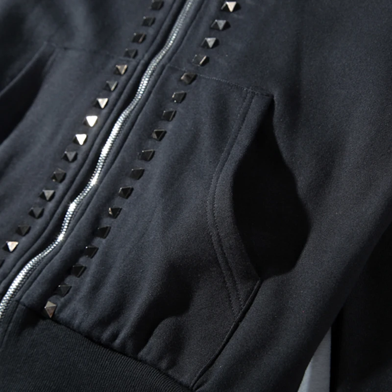 EWQ модные черные толстовки мужские 2019 весна осень молния металлические заклепки