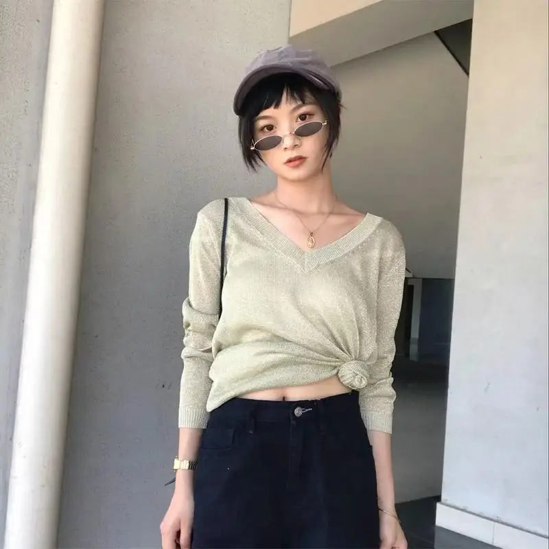 Loose Fitted Versatile Thin Section With Bright Silk Flash V - Neck Women Pullover Sweater | Женская одежда