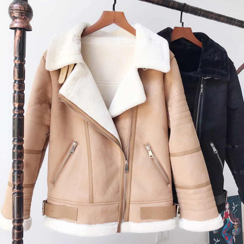 Женская куртка бомбер из овечьего меха зимняя плотная Корейская верхняя одежда