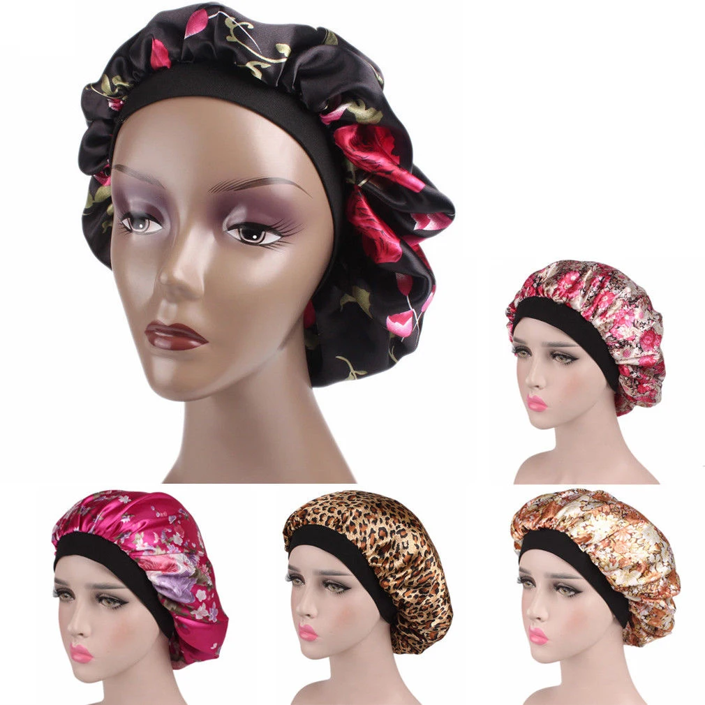 Wide-Brimmed Printed Double-Layer Waterproof Shower Cap Satin Sleep Hat Hair Silk Hood Loose Band |