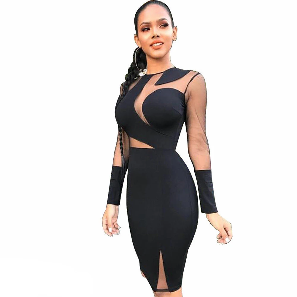 Сексуальное женское платье Леди бандажная бодикон вечеринка клуб короткий мини длинный рукав патчворк сетчатый карандаш Женская одежда.