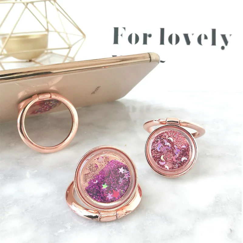 

Novelty Stars Moon Glitters Rose-gold Alloy Ring Stand Holder Quicksands Sticker for iPhone iPad Huawei Cellphone Accessories