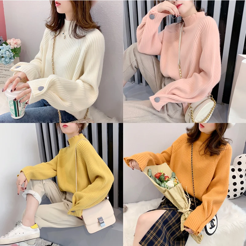 New Fashion Turtleneck Sweater Women Spring Autumn Solid Knitted Pullover Casual Pink Orange Yellow Creamy White | Женская одежда