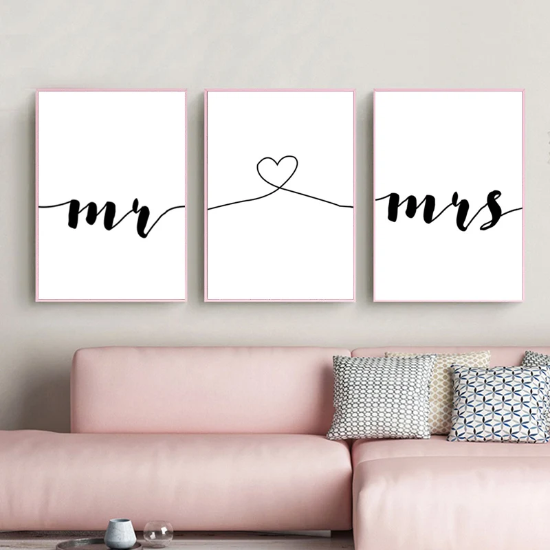 Canvas Painting Mr Heart Mrs Family Simple Quotes Couple Anniversary Poster Picture Living Room Wall Art Decor Minimalist Print | Дом и сад