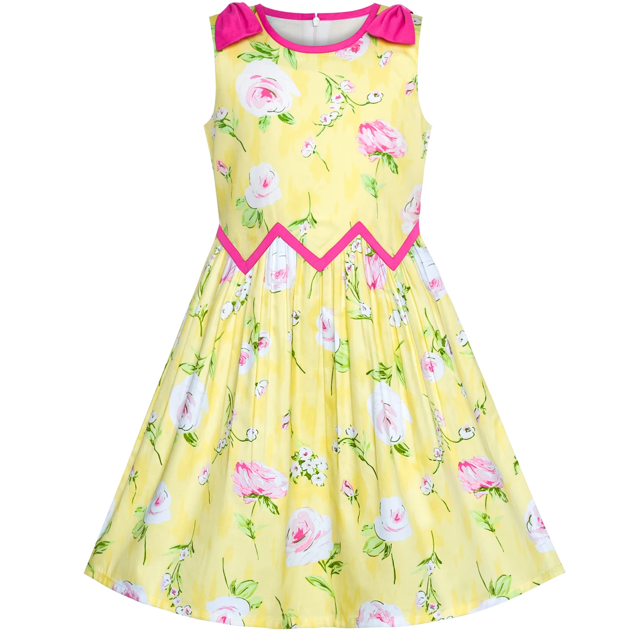 Girls Dress Yellow Pink Rose Flower Chevron Waist Bow Tie Cotton 2020 Summer Princess Wedding Party Dresses Children Clothes | Детская