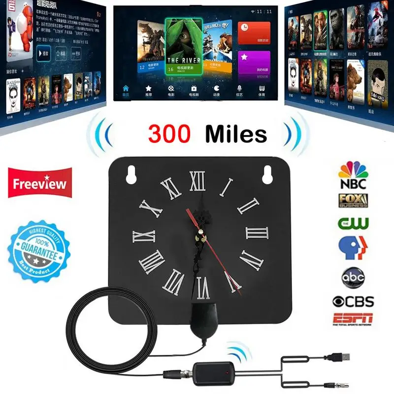 

300 Miles Indoor Digital TV Antenna Alarm Clock Style with Signal Amplifier Booster Receive Free Towers Broadcast HDTV Antenna