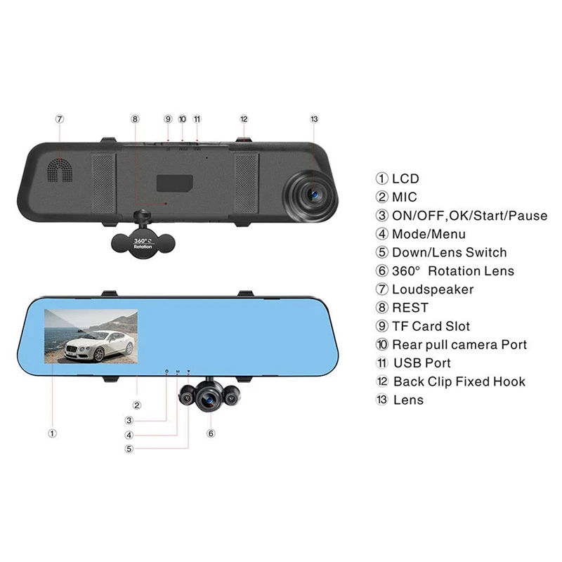 4.0 Lcd Hd 1080P Three-Record Rearview Mirror Car Video Camera Driving Recorder With Three Lens For Vehicles Front &amp Rear View |