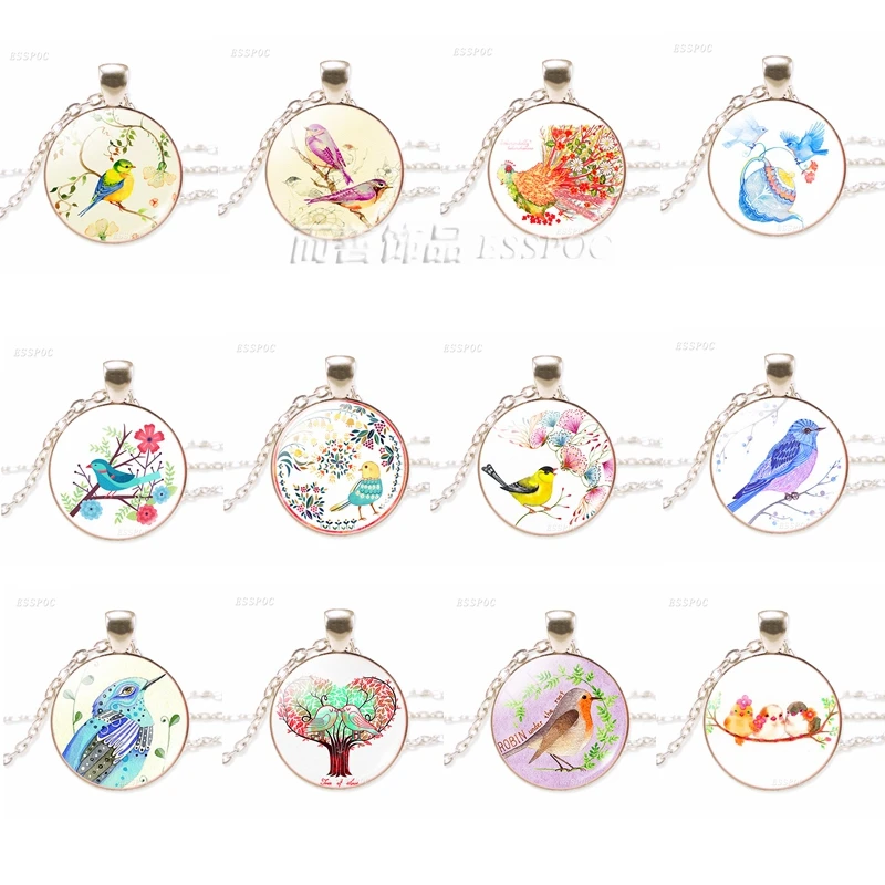 

Colorful Hummingbird Round Flower Photo Jewelry Glass Convex Dome Silver Plated Necklace Bird Jewelry Pendant Accessories Gift