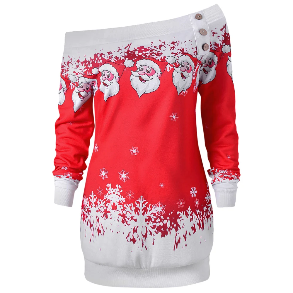 

Christmas Sweatshirt Women 2018 New Fashions Santa Claus Snowflake Skew Neck Autumn Causal Long Pullover Sweatshirts Top