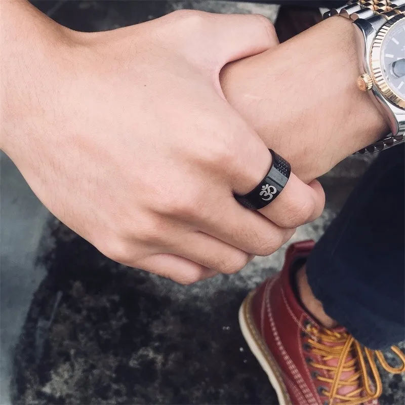 Fine Black Stainless Steel Yoga OM Men Rings Classic Religious Peace Allion Ring AccessoriesWith Velvet Bag | Украшения и