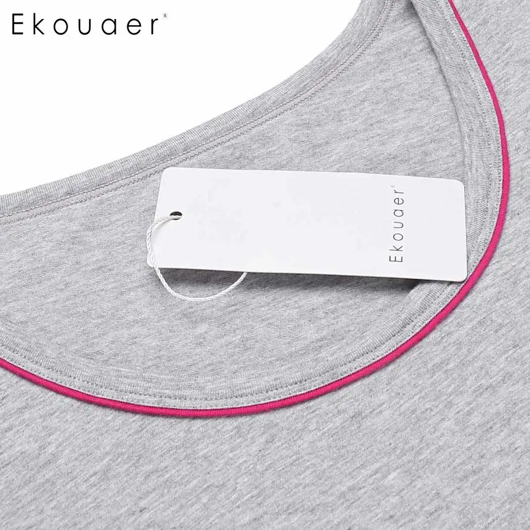 Ekouaer/Летняя хлопковая ночная рубашка с вышивкой Однотонная коротким рукавом и