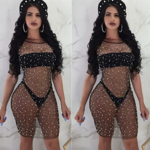 Hot Selling Women Summer Sequins Crochet Bikini Cover Up Swimwear Bathing Suit Pearl Beading Mesh Tops Beach Dresses | Женская одежда