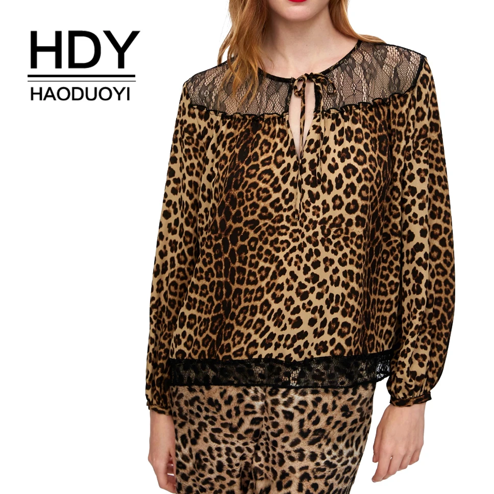 Женская кружевная блузка HDY Haoduoyi леопардовая с длинным рукавом низкая цена