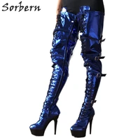 sorbern sexy fetish boots high heel 15cm platform thigh high boots burlesque heel 80cm crotch cosplay goth punk blue metallic
