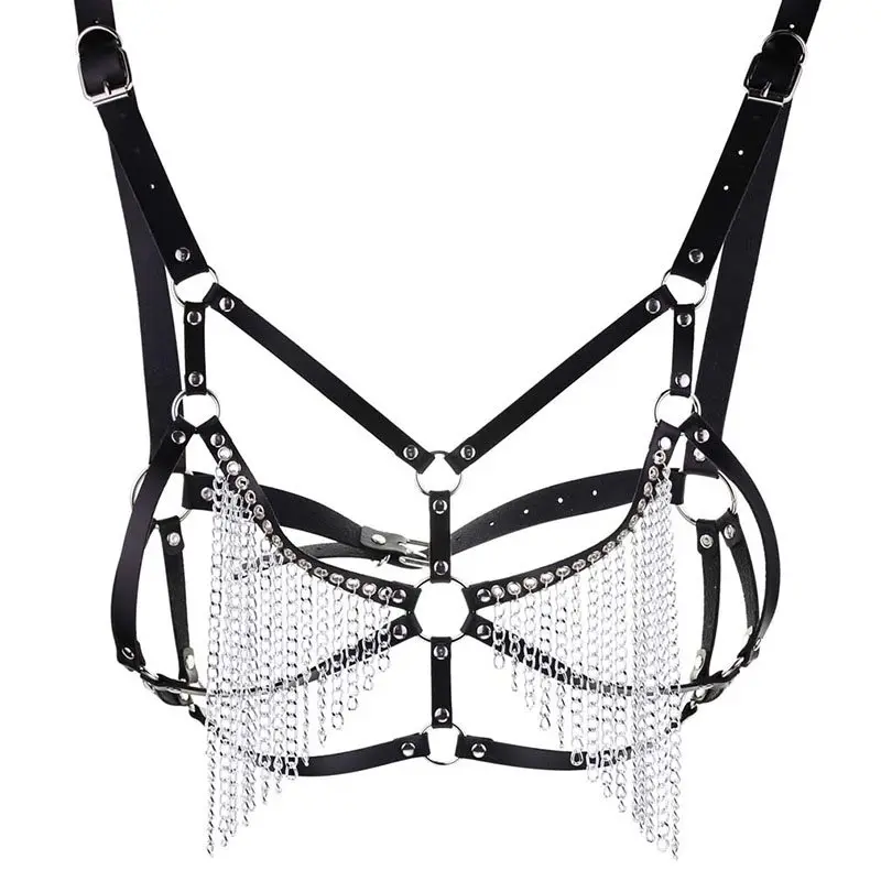 

Women Sexy Lingerie Body Harness Cage Bra Gothic PU Leather Black Punk Chain Tassel Chest Bondage Bra Ladies Garters Underwear