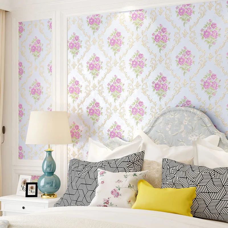 Европейские Большие цветочные обои 3d рельефные Дамаск рулон Сладкая спальня