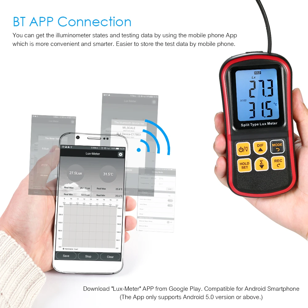 Цифровой измеритель люкс BT фотометр Luxmeter раздельного типа ЖК ручной осветитель