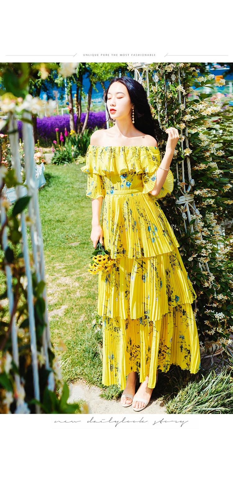 

Runway Self Portrait Boho Dress Floral Print Pleated Women cake Dress Off Shoulder slash neck Ruffle Yellow Bohemian Long Dress