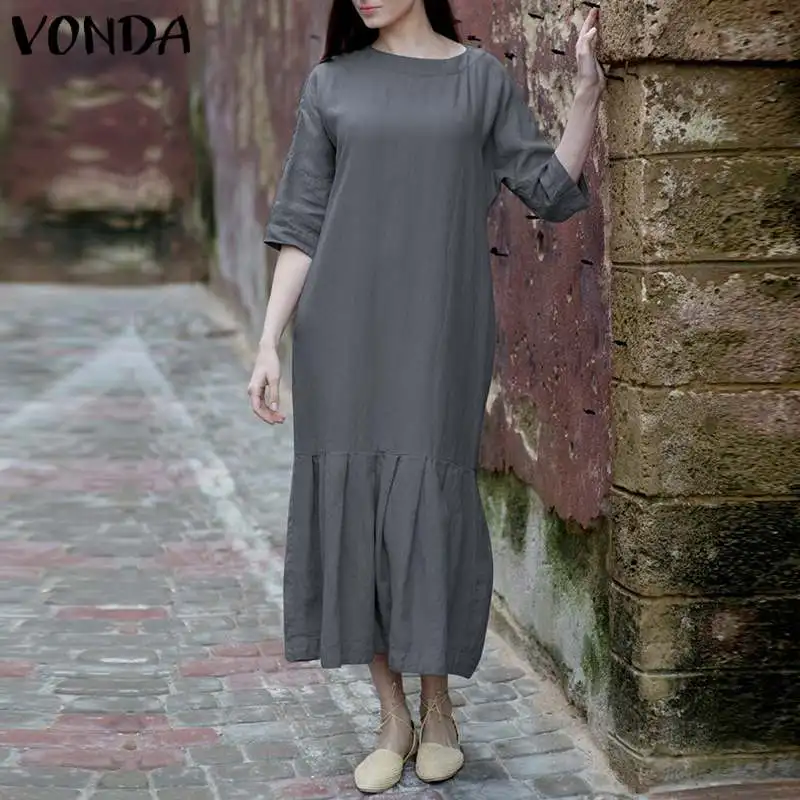 VONDA 2019 осень весна для женщин Винтаж Макси длинное платье повседневное Свободные
