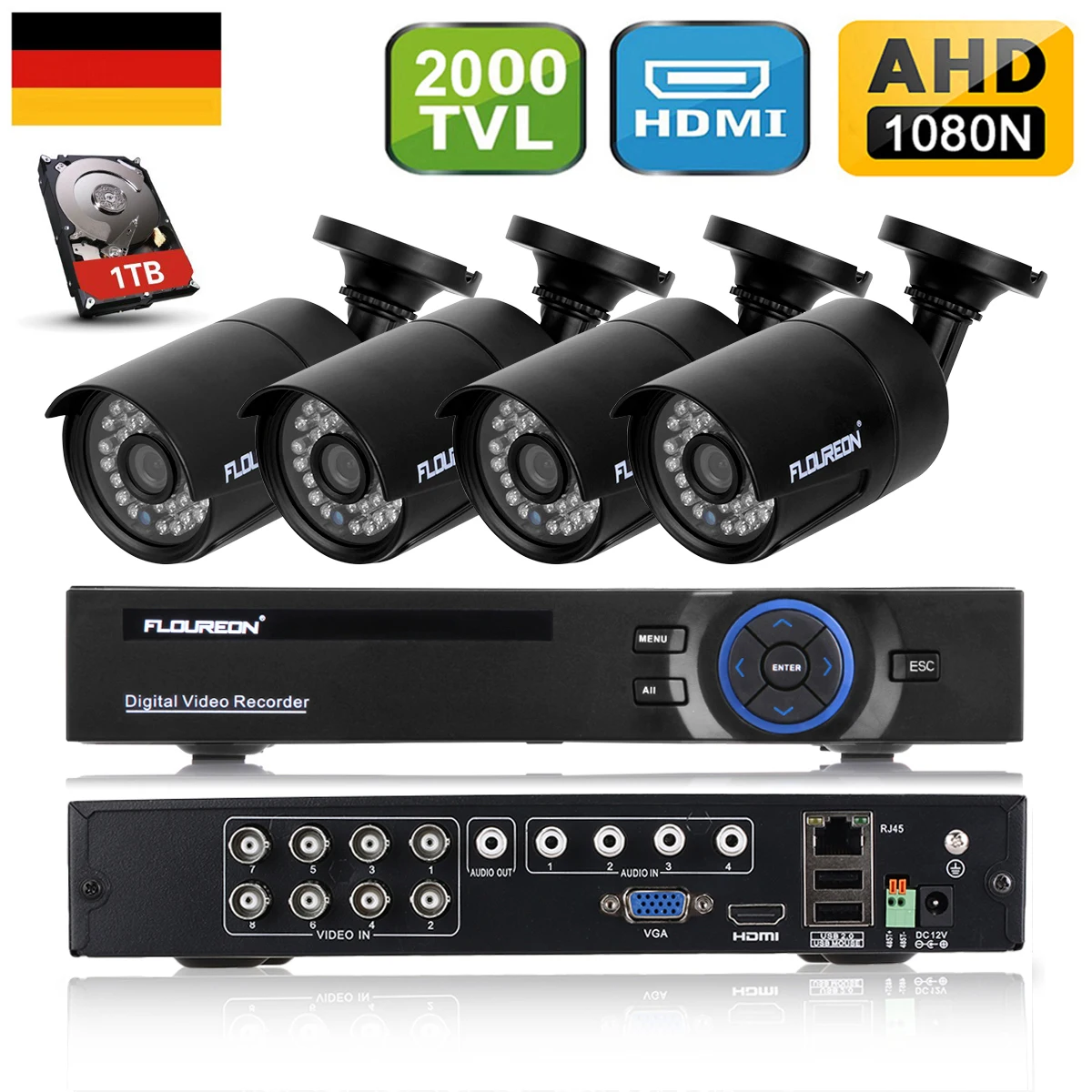 Floureon 1 X 8CH 1080N AHD DVR + 4 Открытый 2000TVL 960 P 3 МП IP66 Камера ТБ HDD Поддержка P2P Технология