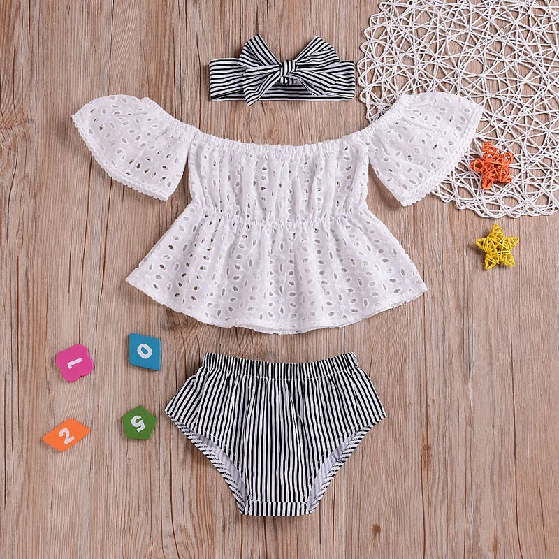 

3pcs Toddler Baby Girl clothes set Lace hollow out short sleeve Top +Stripe Shorts +headband 3Pcs Outfits set clothes
