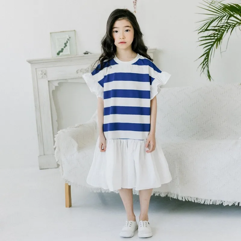 2019 Summer Girl Dress Baby Clothes Ruffles Long Teenage Kids Party O Neck Blue White Striped Clothing Fashion | Детская одежда и
