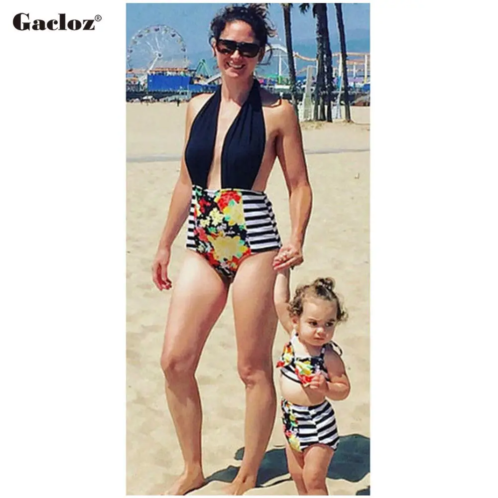 Gacloz Stripe Floral Mother Daughter Swimwear Family look Mommy and Me Bikini Swimsuit Brachwear Matching Clothes Black | Мать и ребенок
