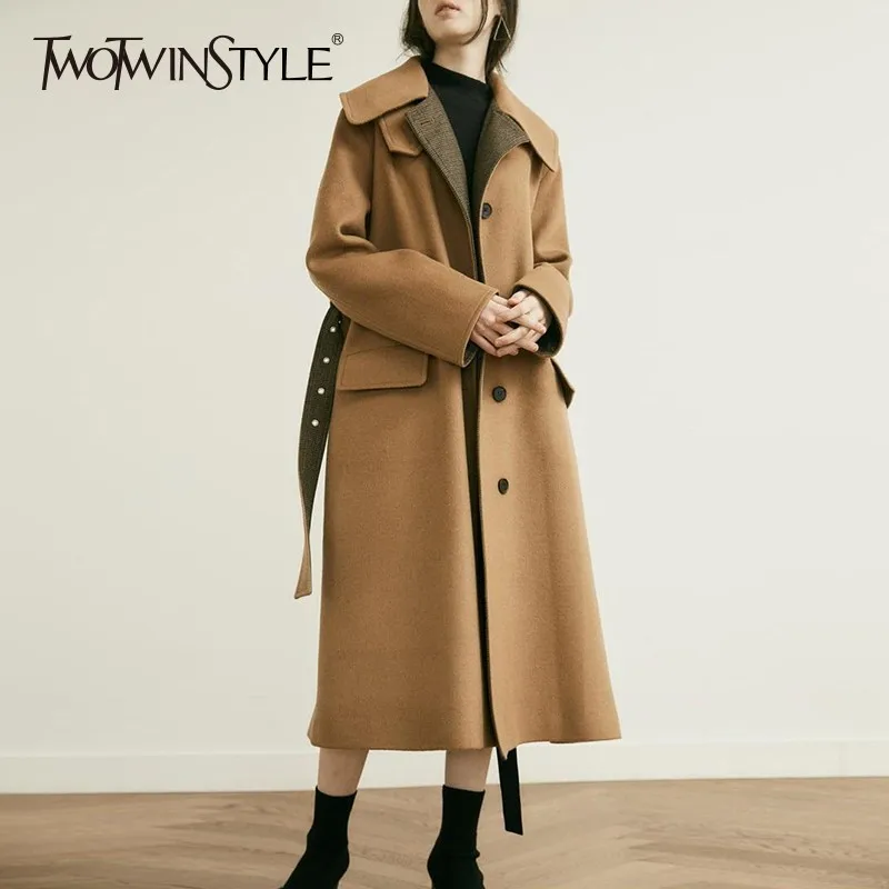 TWOTWINSTYLE хит цвета женские зимние пальто с отворотами и длинными рукавами разрезом