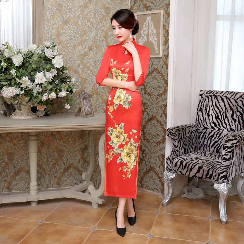SHENG COCO размера плюс Китай красный низ золотой цветок атласный Чонсам с длинными